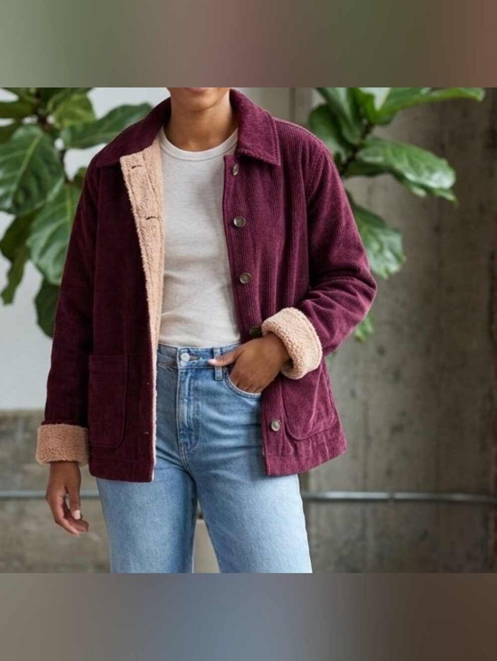 Boston Traders Women's Corduroy Teddy-Lined Jacket - Burgundy& Cream Size XS NWT